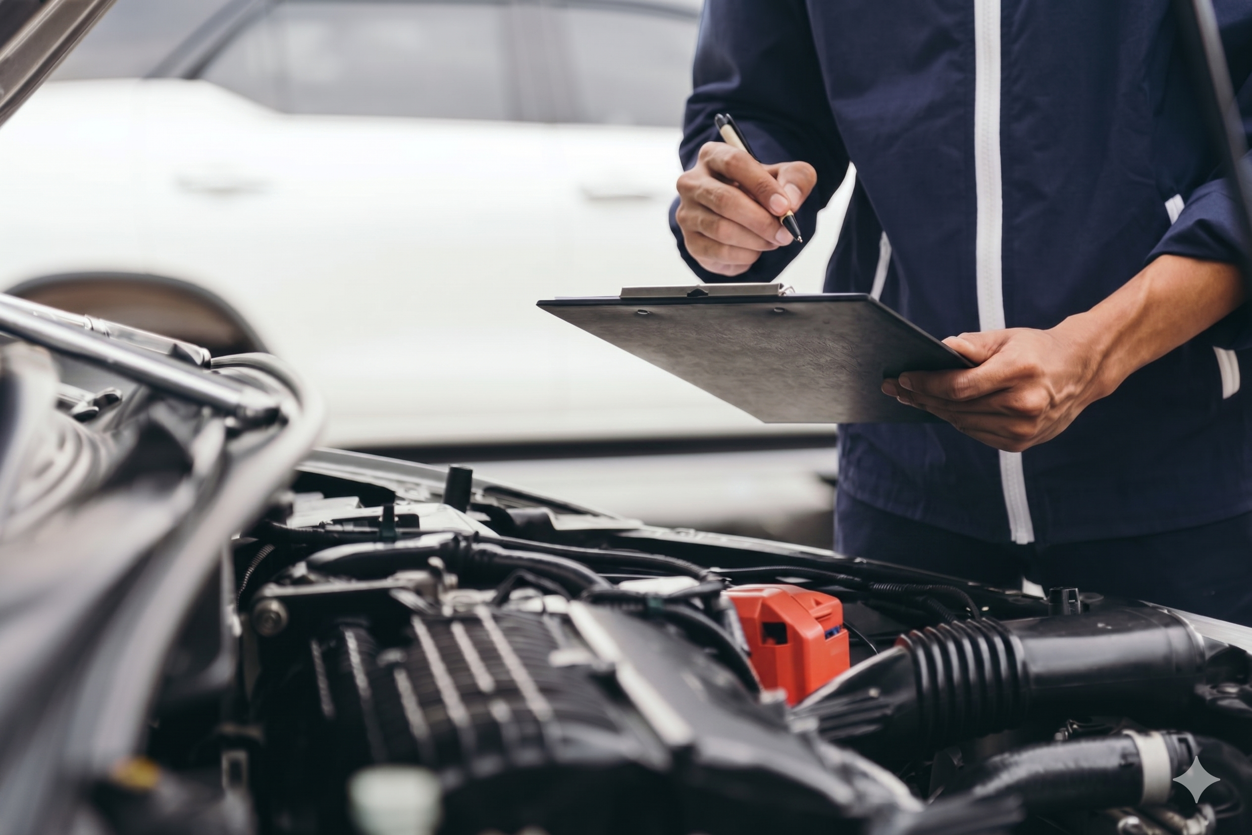 Mechanic writing on a clipboard while inspecting a car engine with the hood open.